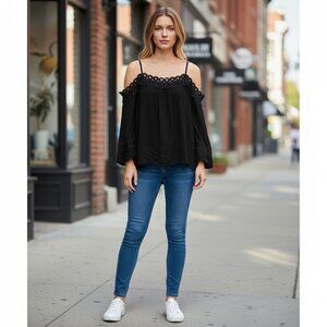 Aqua Black Cold Shoulder Blouse Lace Trim Boho Chic Top Preowned XS